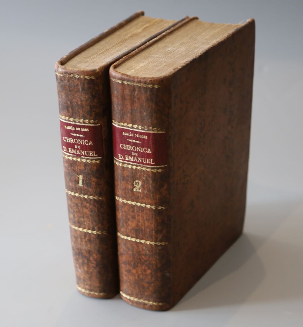 Gois, Damiao de, 1502-1574 - Chronica do serenissimo senhor rei d. Emanuel …. 2 vols, calf, 8vo, library stamps,